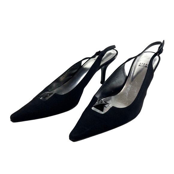 Stuart Weitzman Classic Chic Preppy Black Slingback Heels Embellished Toe 9.5 M - Picture 4 of 13
